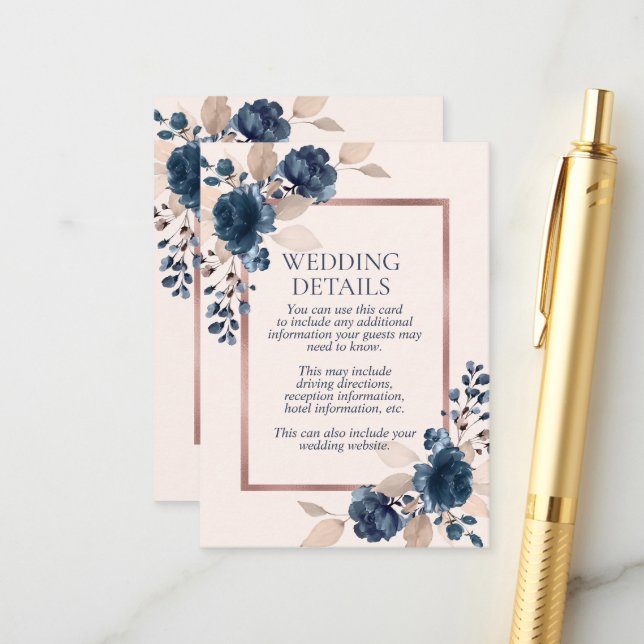 Rose Gold Navy Blue Dusty Pink Floral Details Enclosure Card (Front/Back In Situ)