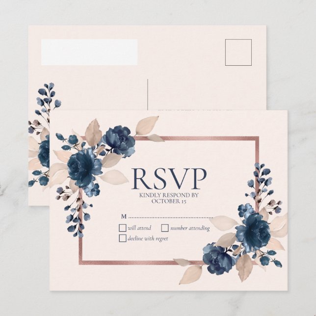 Rose Gold Navy Blue Dusty Pink Floral No Menu RSVP (Front/Back)