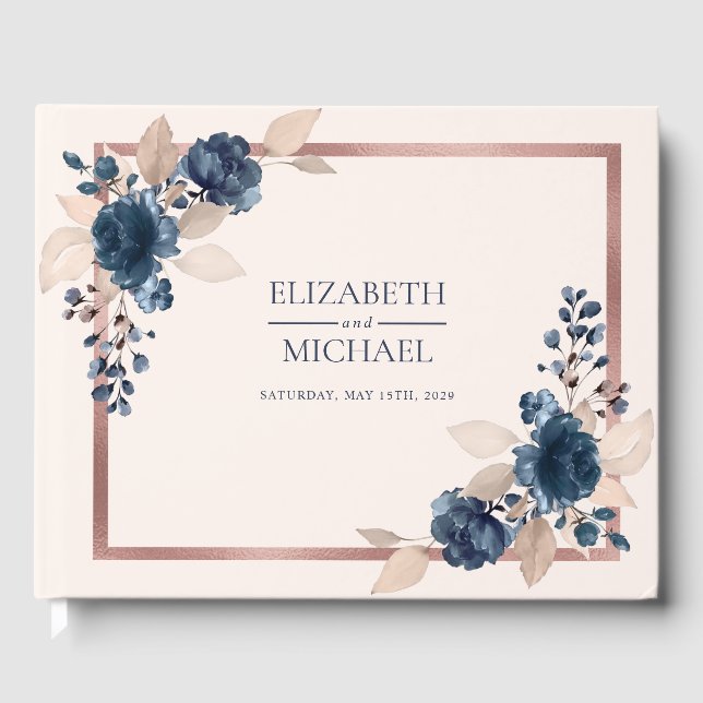 Rose Gold Navy Blue Dusty Pink Floral Wedding Guest Book (Front)
