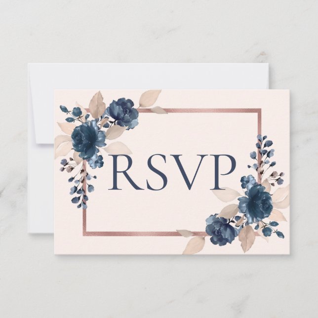 Rose Gold Navy Blue Dusty Pink Floral Wedding RSVP (Front)