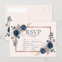 Rose Gold Navy Blue Dusty Pink Floral Wedding RSVP