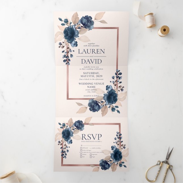 Rose Gold Navy Blue Dusty Pink Floral Wedding Tri-Fold Invitation (Inside)