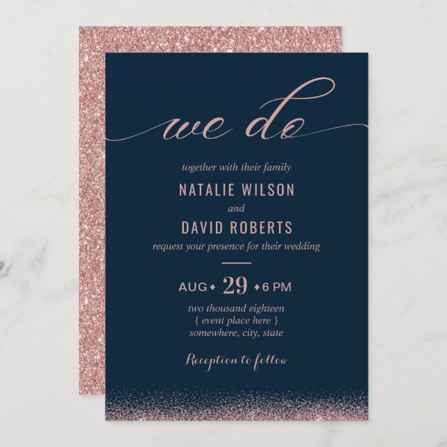 Rose Gold & Navy Blue Elegant Typography Wedding Invitation (Front/Back)