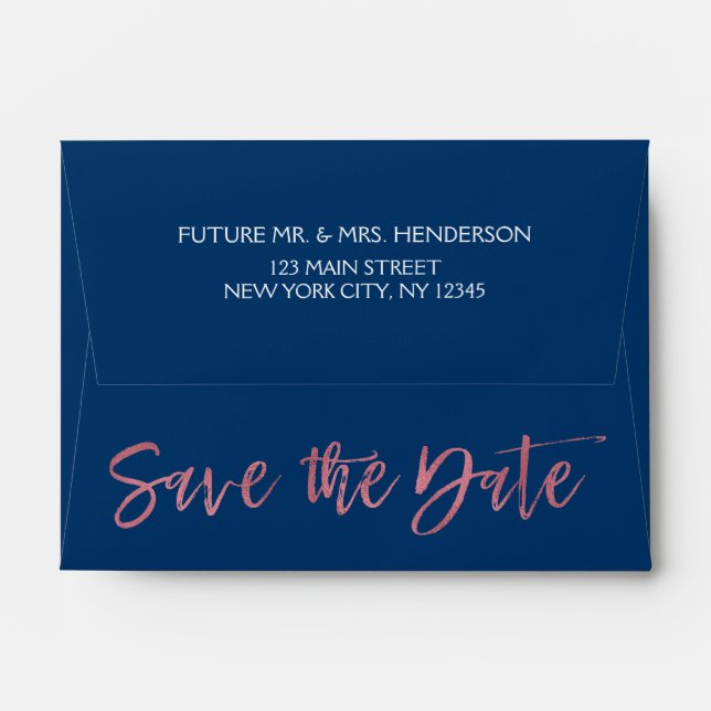 Rose Gold  & Navy Blue Foil Save the Date Envelope (Back (Top Flap))