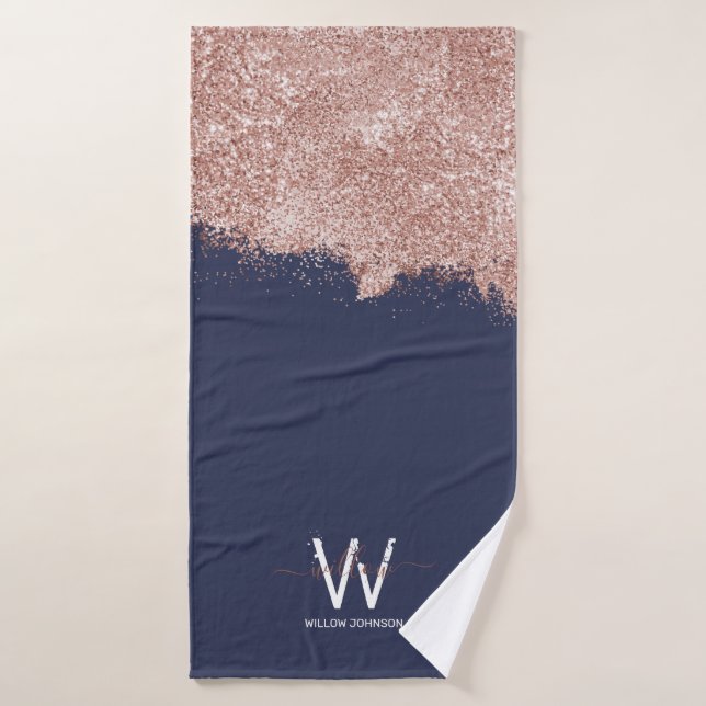 Rose Gold Navy Blue Girly Glitter Dust Monogram Bath Towel Set (Bath Towel)