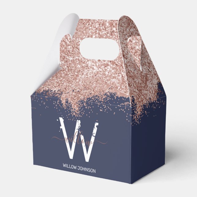 Rose Gold Navy Blue Girly Glitter Dust Monogram Favor Box (Front Side)