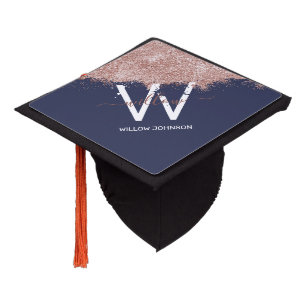 Rose Gold Navy Blue Girly Glitter Dust Monogram Graduation Cap Topper