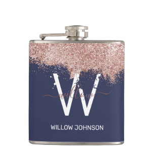 Rose Gold Navy Blue Girly Glitter Dust Monogram Hip Flask
