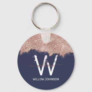 Rose Gold Navy Blue Girly Glitter Dust Monogram Keychain