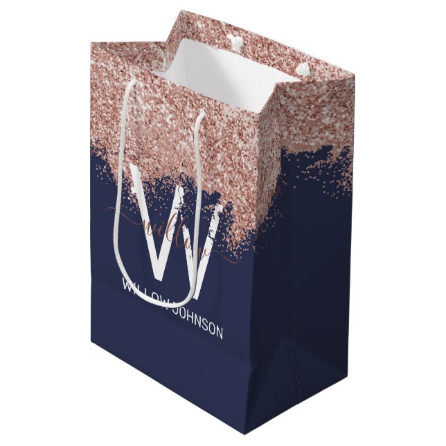 Rose Gold Navy Blue Girly Glitter Dust Monogram Medium Gift Bag (Front Angled)