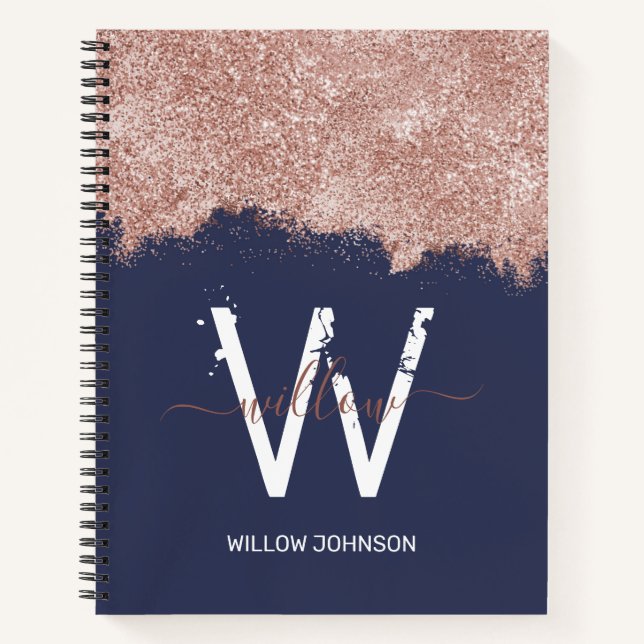 Rose Gold Navy Blue Girly Glitter Dust Monogram Notebook (Front)