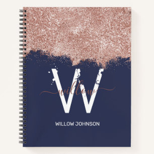 Rose Gold Navy Blue Girly Glitter Dust Monogram Notebook