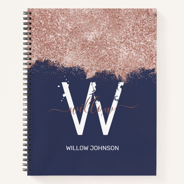 Rose Gold Navy Blue Girly Glitter Dust Monogram Notebook (Front)