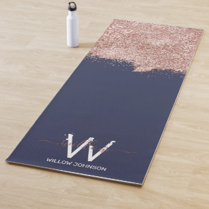 Rose Gold Navy Blue Girly Glitter Dust Monogram Yoga Mat