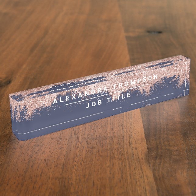 Rose Gold Navy Blue Girly Glitter Dust Nameplate (Side)