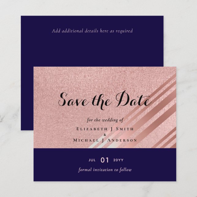 Rose Gold Navy Blue Glitter Foil Look WEDDING (Front/Back)