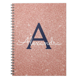 Rose Gold Navy Blue Glitter Sparkle Monogram Notebook