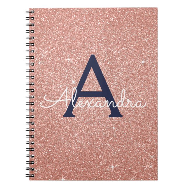 Rose Gold Navy Blue Glitter Sparkle Monogram Notebook (Front)