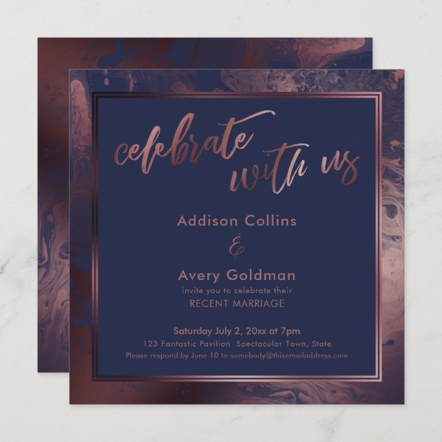 Rose Gold & Navy Blue Marble Celebrate with Us Invitation (Front/Back)