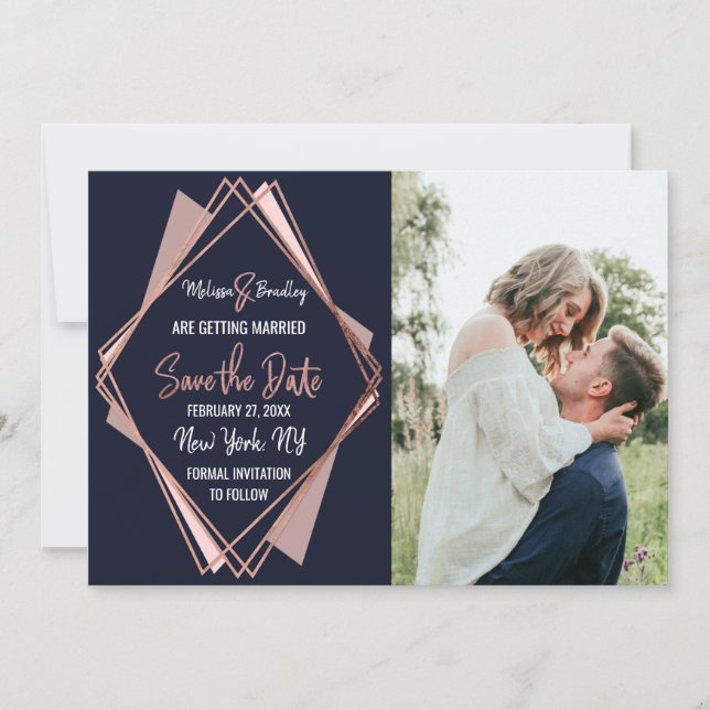 Rose Gold Navy Blue Mauve Geometric Save the Date Invitation (Front)