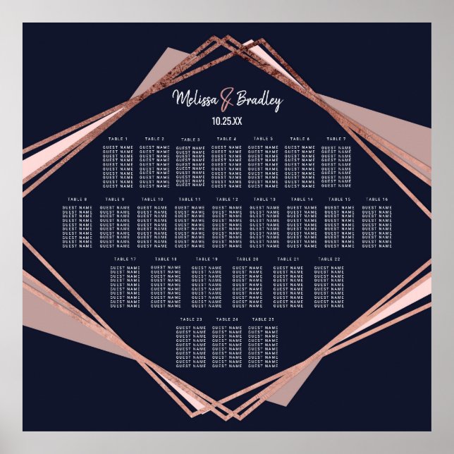 Rose Gold Navy Blue Mauve Geometric Seating Chart (Front)