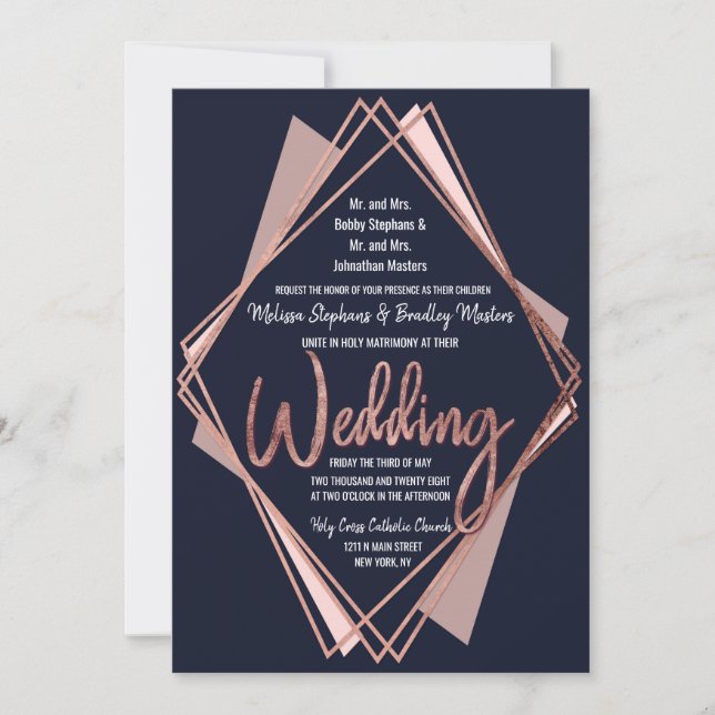 Rose Gold Navy Blue Mauve Geometric Wedding Invitation (Front)