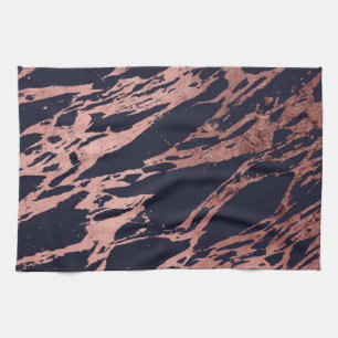 Rose Gold Navy Blue Modern Chic Marble Pattern Kitchen Towel