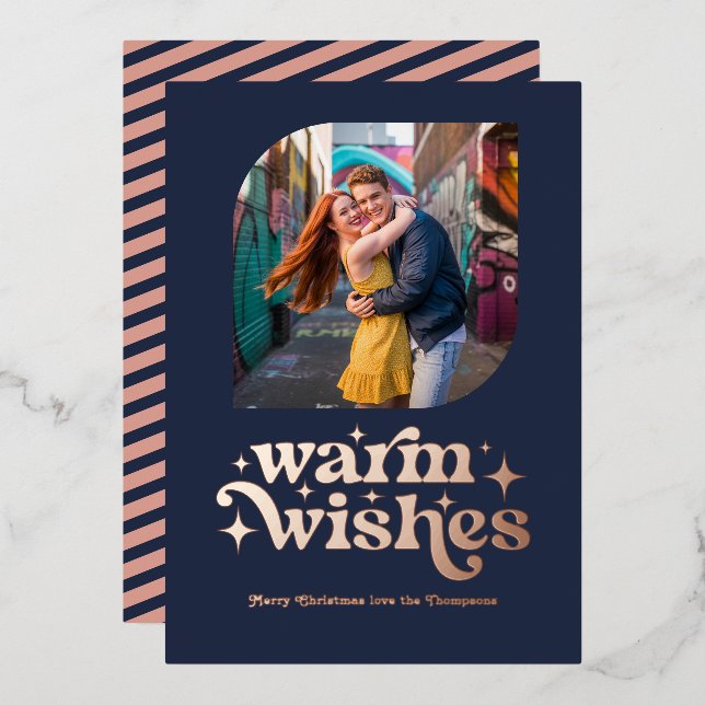 Rose Gold & Navy Blue Modern Retro Christmas Photo Foil Holiday Card (Front/Back)