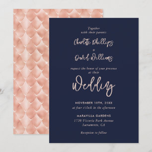 Rose Gold Navy Blue Modern Script Wedding Invitation