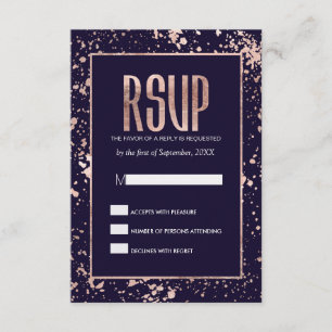 Rose Gold Navy Blue Paint Splatters RSVP Cards