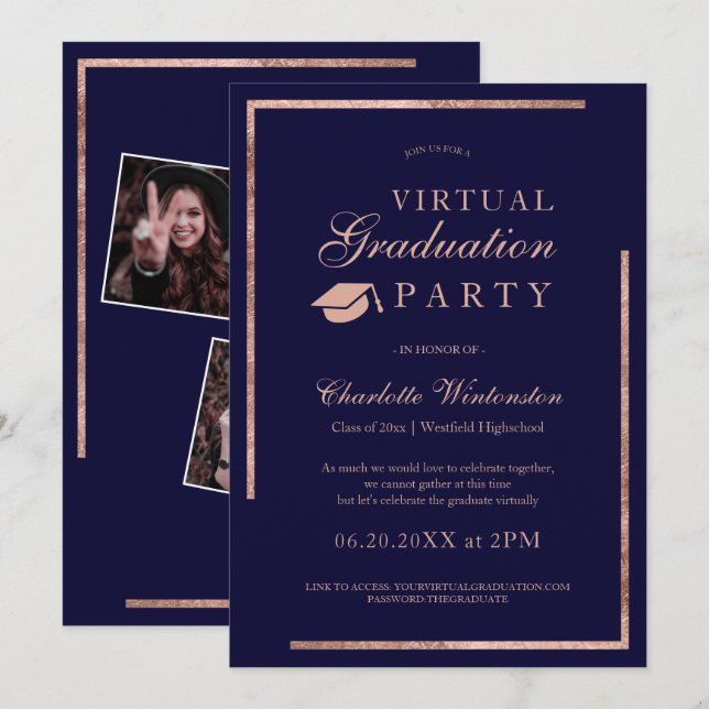 Rose gold navy blue photos virtual Graduation Invitation (Front/Back)