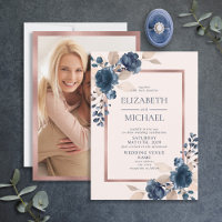 Rose Gold Navy Blue Pink Floral Photo Wedding