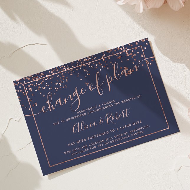 Rose gold navy blue script postponed change plan invitation (Rose gold navy blue script postponed change plan invitation change of plan)