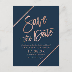 Rose gold navy blue script save the date wedding announcement postcard