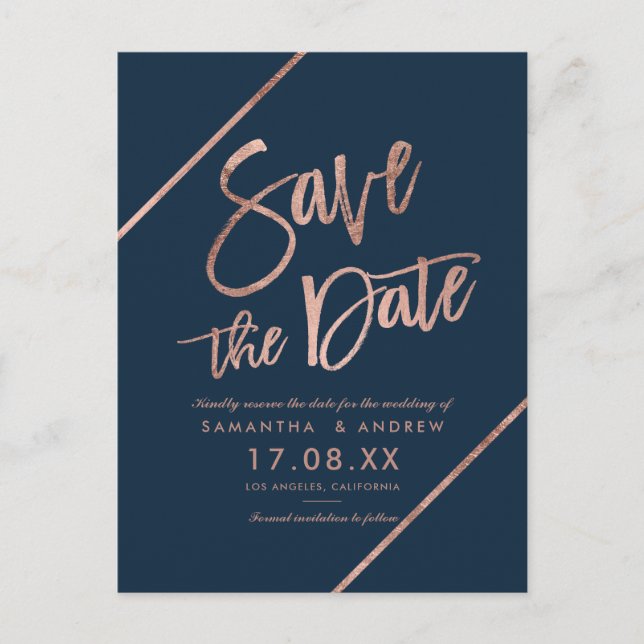 Rose gold navy blue script save the date wedding announcement postcard (Front)