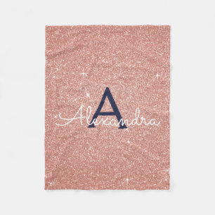 Rose Gold Navy Blue Sparkle Glitter Monogram Name Fleece Blanket