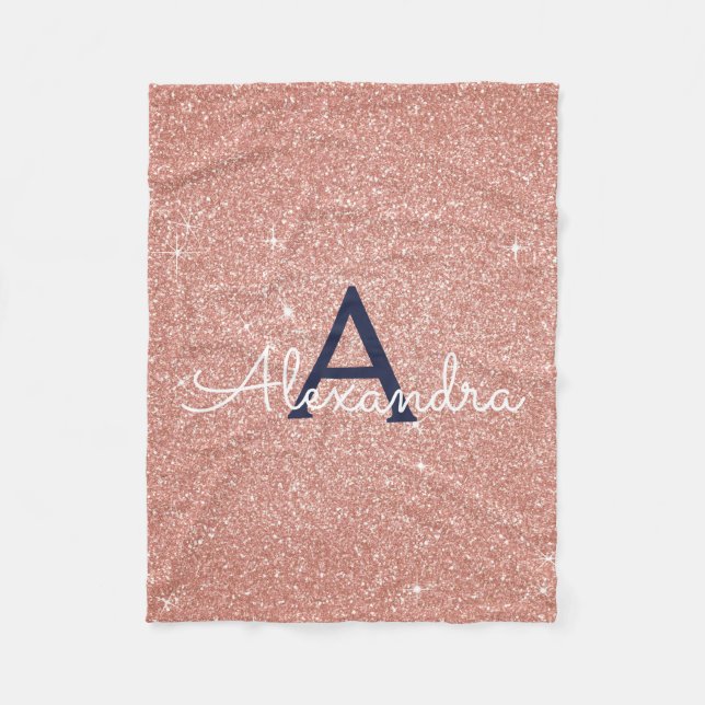 Rose Gold Navy Blue Sparkle Glitter Monogram Name Fleece Blanket (Front)