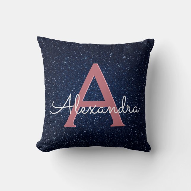 Rose Gold & Navy Blue Sparkle Glitter Monogrammed Throw Pillow (Front)