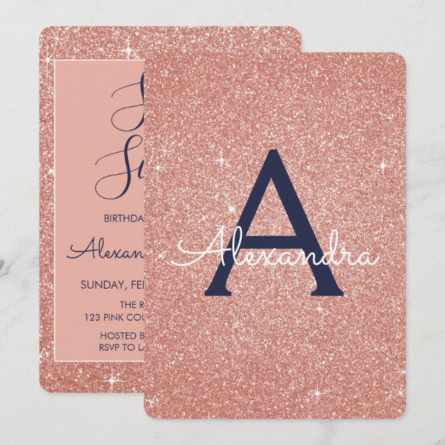 Rose Gold Navy Blue Sparkle Glitter Sweet 16 Invitation (Front/Back)