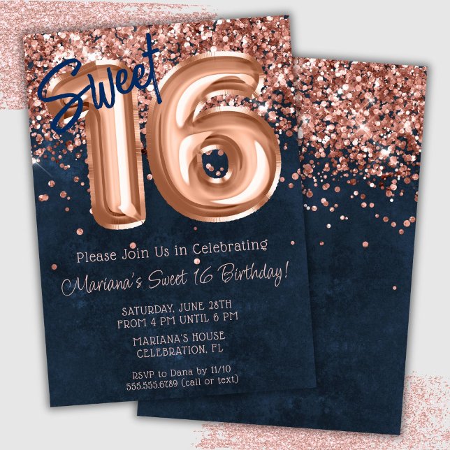 Rose Gold Navy Blue Sweet 16 Birthday Party Invitation (Creator Uploaded)