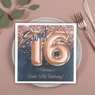 Rose Gold Navy Blue Sweet 16th Birthday Party Napkin