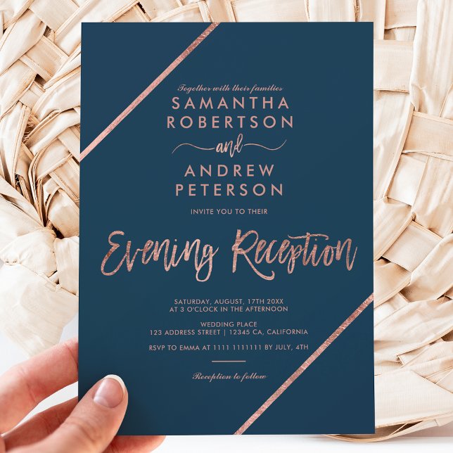 Rose gold navy blue typography evening wedding invitation (Creator Uploaded)