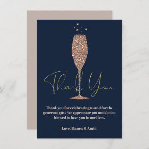 Rose Gold Navy Champagne Bubbly Bridal Thank You Invitation