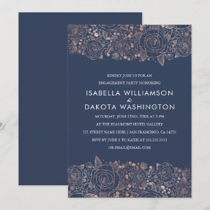 Rose Gold & Navy   Chic Floral Engagement Party Invitation