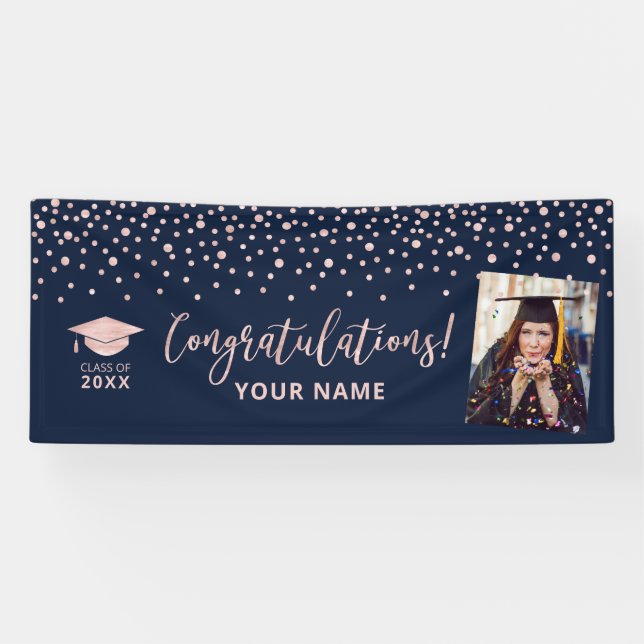 Rose Gold Navy Confetti Congratulation Graduation Banner (Horizontal)