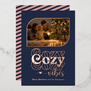 Rose Gold & Navy Cozy Vibes Retro Christmas Photo Foil Holiday Card
