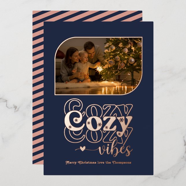 Rose Gold & Navy Cozy Vibes Retro Christmas Photo Foil Holiday Card (Front/Back)