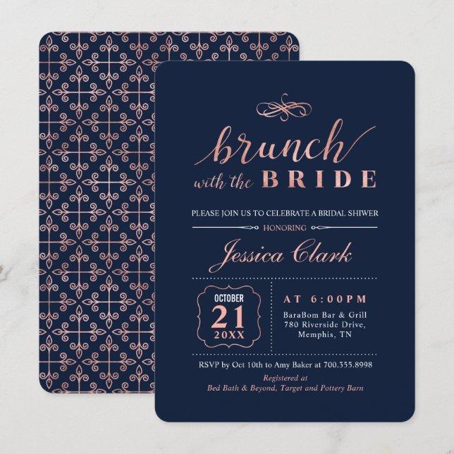 Rose Gold & Navy | Elegant Wedding Bridal Brunch Invitation (Front/Back)