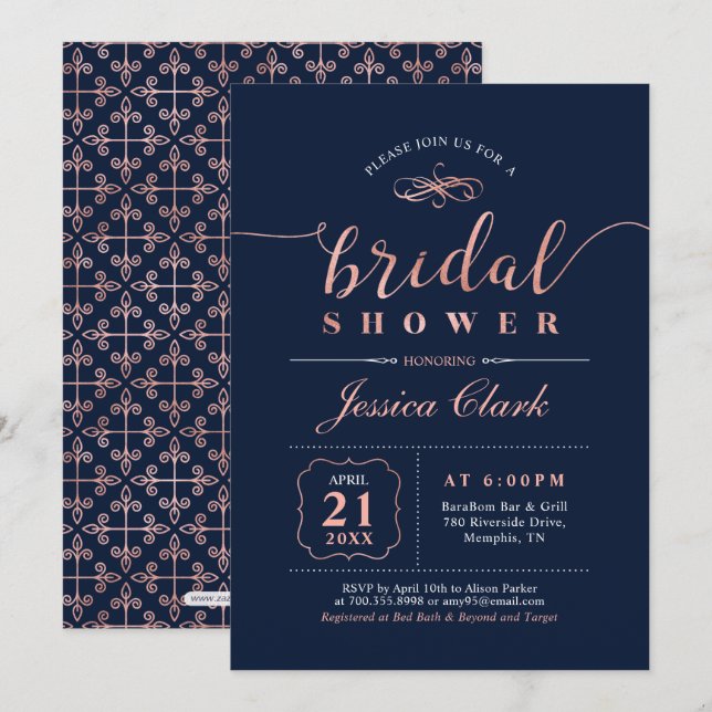 Rose Gold & Navy | Elegant Wedding Bridal Shower Invitation (Front/Back)