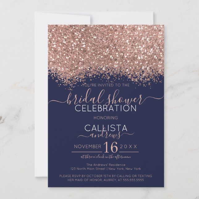 Rose Gold Navy Glitter Confetti Bridal Shower Invitation (Front)